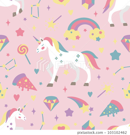 Seamless vector pattern with cute unicorns on a floral background. Ideal for textiles, wallpapers or prints. 103102462
