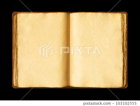 Old open medieval book with worn parchment pages. Isolated on black background 103102555