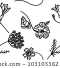 Seamless pattern of flowers in outline doodle style. Hand drawn black and white vector illustration. 103103382