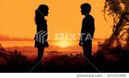 男孩和女孩在夕陽下交談 103103490