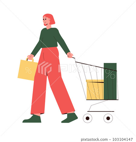 Sale with Woman Character Pulling Cart with Bags Shopping and Making Purchase Vector Illustration Sale with Woman Character Pulling Cart with Bags Shopping and Making Purchase Vector Illustration 103104147