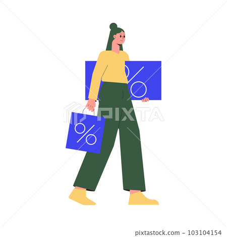 Sale with Woman Character Carrying Blue Bag Shopping and Making Purchase Vector Illustration 103104154