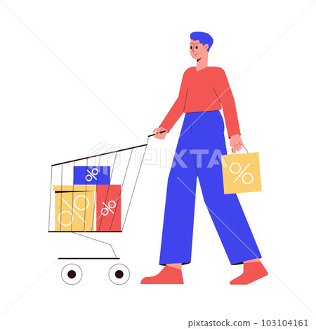 Sale with Man Character Pushing Cart with Bags Shopping and Making Purchase Vector Illustration Sale with Man Character Pushing Cart with Bags Shopping and Making Purchase Vector Illustration 103104161