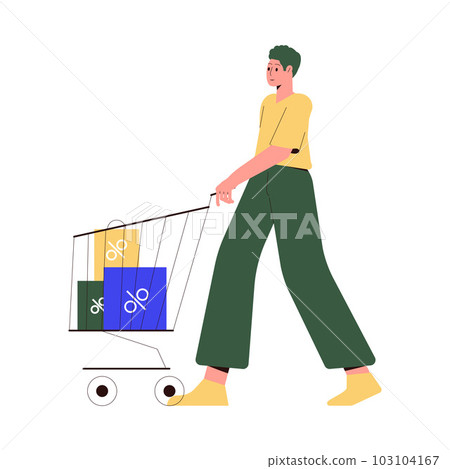 Sale with Man Character Pushing Cart with Bags Shopping and Making Purchase Vector Illustration Sale with Man Character Pushing Cart with Bags Shopping and Making Purchase Vector Illustration 103104167