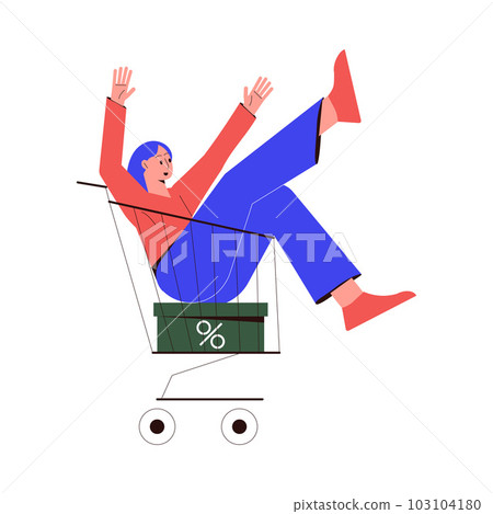 Sale with Woman Character Riding in Cart Shopping and Making Purchase Vector Illustration Sale with Woman Character Riding in Cart Shopping and Making Purchase Vector Illustration 103104180