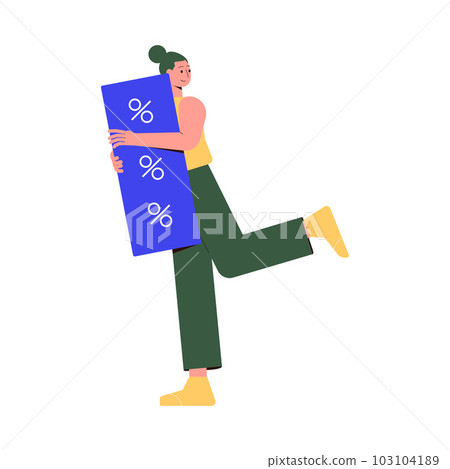 Sale with Woman Character Holding Blue Signboard Shopping and Making Purchase Vector Illustration 103104189