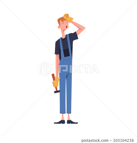 Tired Man Construction Worker Character Standing with Hammer Engaged in Roof Repair Vector Illustration 103104238