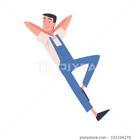 Man Construction Worker Character in Blue Overall Lying on Roof Top Vector Illustration Man Construction Worker Character in Blue Overall Lying on Roof Top Vector Illustration 103104278