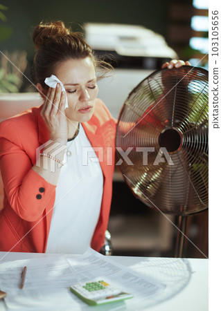 40 years old accountant woman in green office suffer from heat 103105656