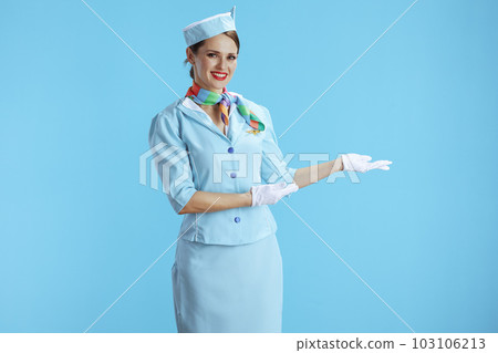 happy modern flight attendant woman on blue welcoming happy modern flight attendant woman on blue welcoming 103106213