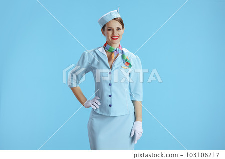 happy stylish female stewardess on blue 103106217