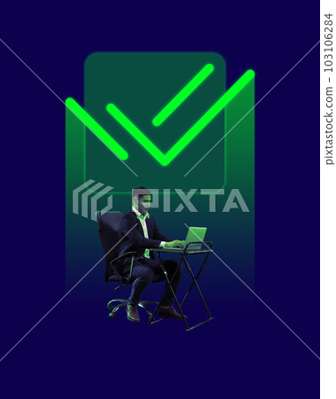 Employee, businessman sitting with laptop and reading online messages, mails. Professional communication. Creative conceptual design. 103106284