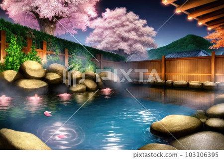 《AI畫像》盛開的櫻花和露天浴池 103106395