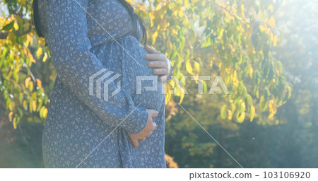 Pregnant woman belly in sun light, close up. Unrecognizable young mother feeling happy on nature background taking care of pregnant belly. Expecting baby, child. Pregnancy, maternity prenatal concept Pregnant woman belly in sun light, close up. Unrecognizable young mother feeling happy on nature background taking care of pregnant belly. Expecting baby, child. Pregnancy, maternity prenatal concept 103106920
