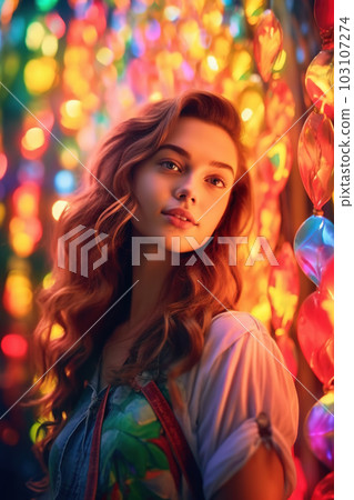 Woman portrait with magical colored lights, generative AI, AI generated 103107274