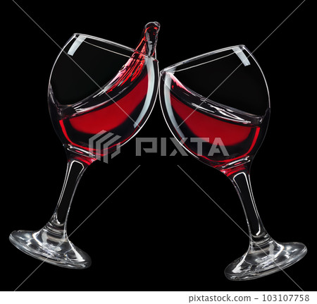 two glasses of red wine in toasting gesture with splash isolated on black 103107758