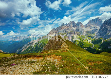 landscape with mountains, hills and clouds 103107776