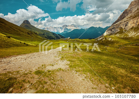 landscape with mountains, clouds and trail landscape with mountains, clouds and trail 103107780