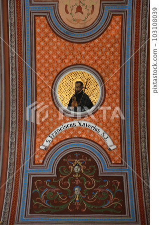 Saint Francis Xavier, fresco on the ceiling of the church of St. Aloysius in Travnik, Bosnia and Herzegovina Saint Francis Xavier, fresco on the ceiling of the church of St. Aloysius in Travnik, Bosnia and Herzegovina 103108039