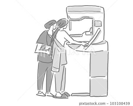 A woman and a nurse in examination clothes undergoing mammography examination (monochrome) A woman and a nurse in examination clothes undergoing mammography examination (monochrome) 103108439