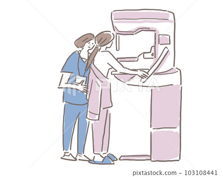 A woman and a nurse in examination clothes undergoing mammography examination (pink base) 103108441