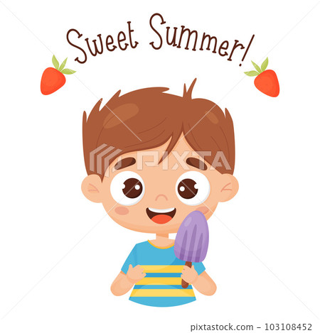 Happy boy with popsicles on stick. Cute male baby character and ice cream. Vector illustration in cartoon style. Postcard sweet summer . 103108452
