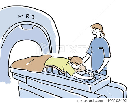 Breast cancer screening, lying woman and nurse undergoing breast MRI examination 103108492