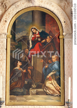 Our Lady of Mount Carmel altar in the Church of Blessed Virgin of Purification in Smokvica, Korcula island, Croatia 103108510