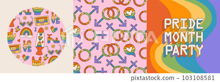 Set of retro greeting cards for LGBTQIA Pride Month and pattern background. Social media post in groovy queer retro style. LGBT rainbow flag colors, Pride minth party words. Vector eps10 103108581