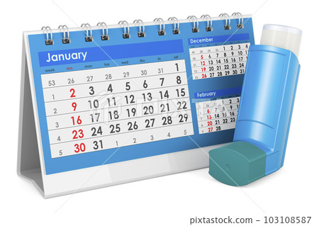 Metered-dose inhaler, MDI with desk calendar. 3D rendering Metered-dose inhaler, MDI with desk calendar. 3D rendering 103108587