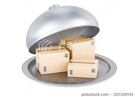 Restaurant cloche with parcels, 3D rendering Restaurant cloche with parcels, 3D rendering 103108591