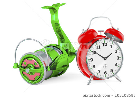 Spinning reel with alarm clock, 3D rendering Spinning reel with alarm clock, 3D rendering 103108595