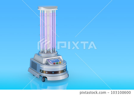 UV-Disinfection Robot on blue background, 3D rendering UV-Disinfection Robot on blue background, 3D rendering 103108600