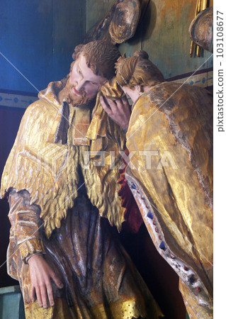 Saint John the Nepomuk Confesses the Queen, statues on the altar of Saint John Nepomuk at the Church of Our Lady of Jerusalem at Trski Vrh in Krapina, Croatia 103108677