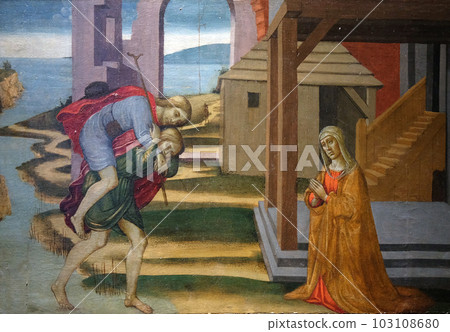 Saint Julian, transport of the leper across the river, by Jacopo del Sellaio, Orsanmichele Church in Florence, Tuscany, Italy 103108680