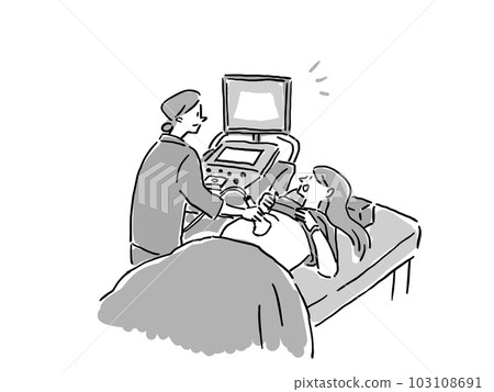 A woman undergoing an ultrasound examination (echo examination) of the abdomen (monochrome) 103108691