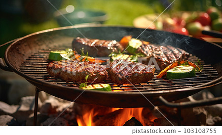 Assorted delicious grilled meat with vegetables on barbecue grill with smoke and flames in green grassof garden, summer, food, fun concept Assorted delicious grilled meat with vegetables on barbecue grill with smoke and flames in green grassof garden, summer, food, fun concept 103108755