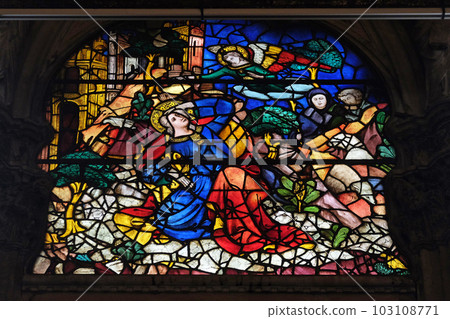 The Annunciation to Joachim, stained glass window in Orsanmichele Church in Florence, Tuscany, Italy 103108771