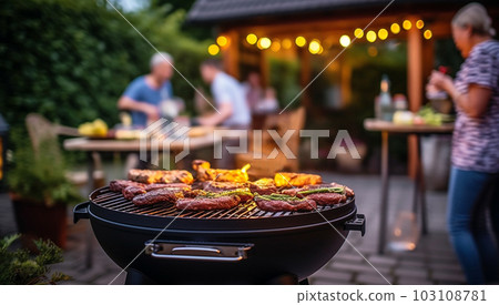 Happy family dining and tasting red wine glasses in barbecue dinner party - People with different ages and ethnicity having fun together - Youth and elderly parents and food weekend activities concept 103108781