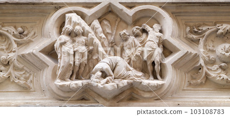 Beheading of St. John the Baptist, St. James the Greater predella, relief on the external wall of Orsanmichele Church in Florence, Tuscany, Italy 103108783