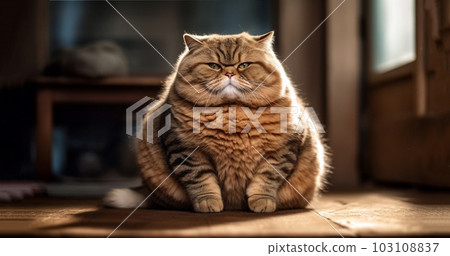 A lazy chubby funny fat cat, obese,overweight pet looking angry at camera copy space, medical health concept animals 103108837