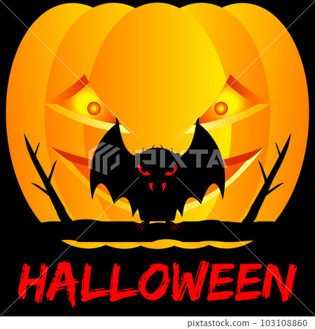 Halloween lettering. A vampire bat sits on a tree branch. Pumpkin and black background. Vector illustration. 103108860