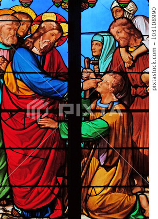 Jesus heals a blind man, stained glass windows in the Saint Eugene - Saint Cecilia Church, Paris, France 103108990