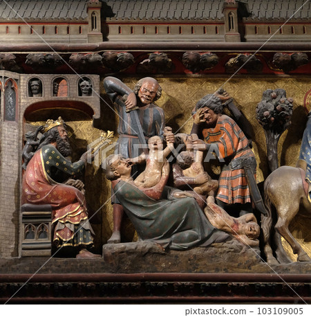 Massacre of the Innocents, carved and painted frieze inside the Notre Dame Cathedral in Paris, France Massacre of the Innocents, carved and painted frieze inside the Notre Dame Cathedral in Paris, France 103109005