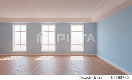 Light Blue Room with a White Ceiling and Cornice, Glossy Herringbone Parquet Floor, Three Large Windows and a White Plinth. Sunny Beautiful Interior. 3D illustration, 8K Ultra HD, 7680x4320, 300 dpi 103109280