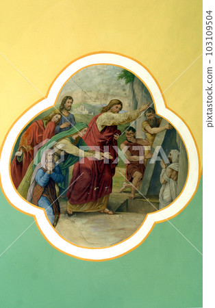 Raising of Lazarus , fresco painting on the ceiling of the church Raising of Lazarus , fresco painting on the ceiling of the church 103109504