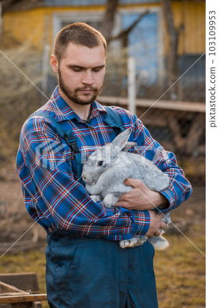 Farmer handsome European Caucasian rural portrait in the countryside with a beard, shirt and overalls looks at a white rabbit in his arms on the outdoor Farmer handsome European Caucasian rural portrait in the countryside with a beard, shirt and overalls looks at a white rabbit in his arms on the outdoor 103109953