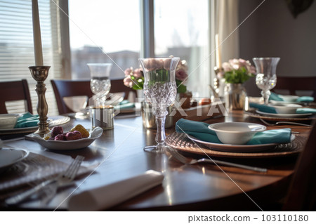 Romantic table setting with candles and flowers Romantic table setting with candles and flowers 103110180