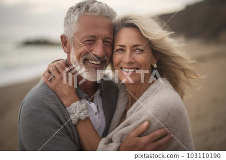 Middle age cuddling couple enjoying time on beach 103110190