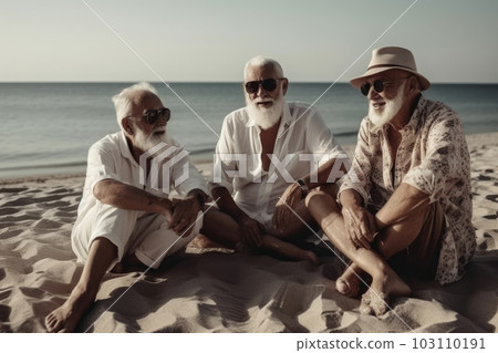 Elderly people enjoy company on sunny summer beach 103110191